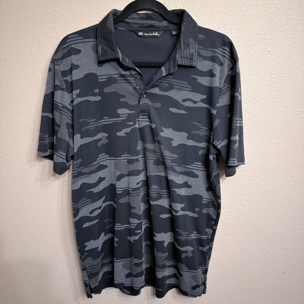 TravisMathew Mens Camo Palm Tree Golf Polo Shirt Black Gray Large